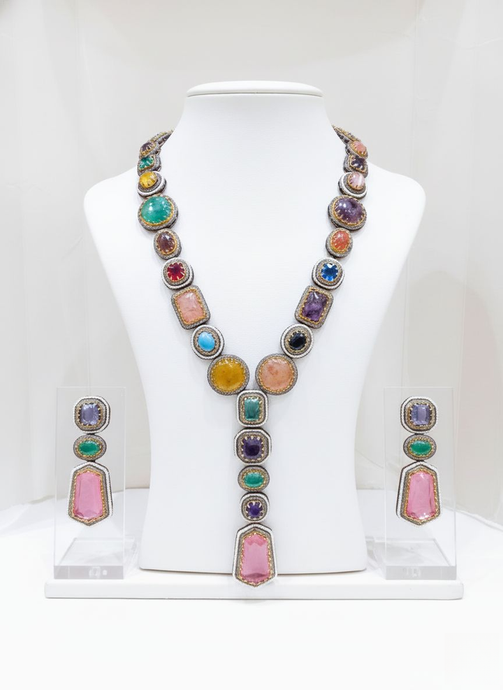 Multicolor Semi-Precious Gemstone Polki Necklace Set with Long Statement Design