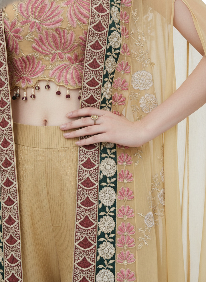 Champagne Gold Indo-Western Palazzo Set with Embroidered Cape & Crop Top