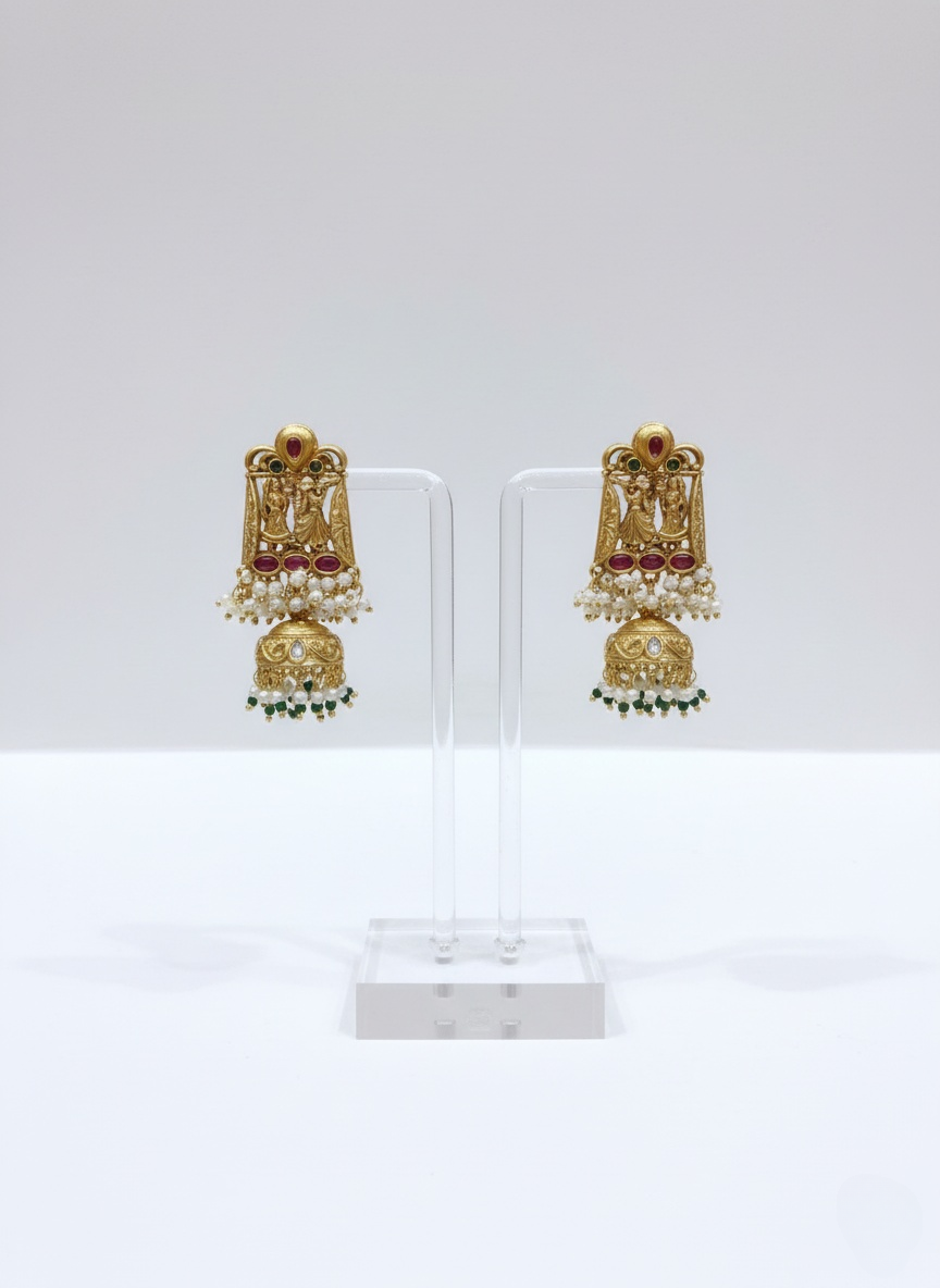 Temple Heritage Long Haar with Green Beads and Pearl Jhumkas