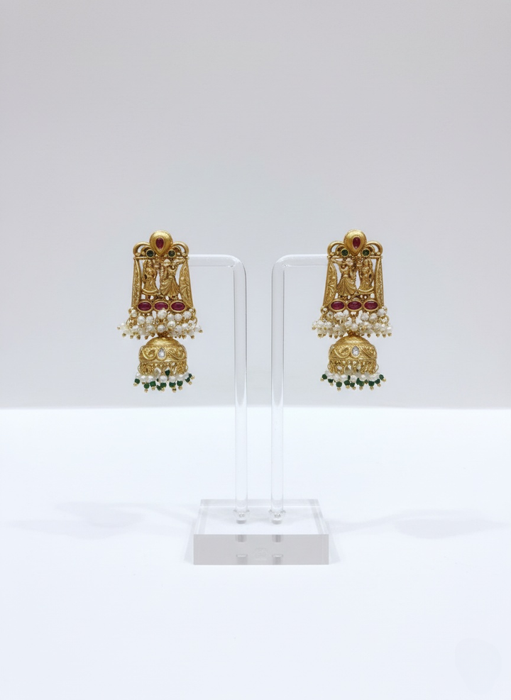 Temple Heritage Long Haar with Green Beads and Pearl Jhumkas