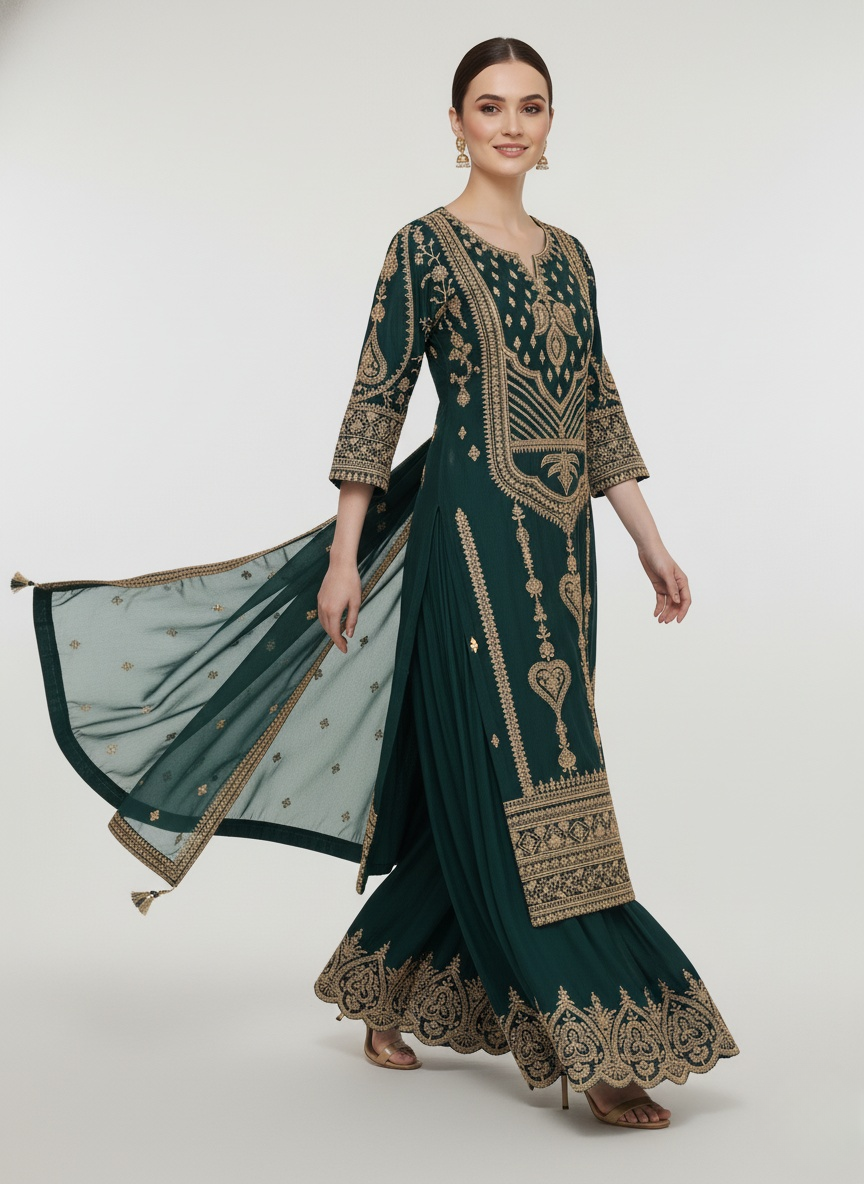 Emerald Green Heavy Embroidered Palazzo Suit with Dupatta