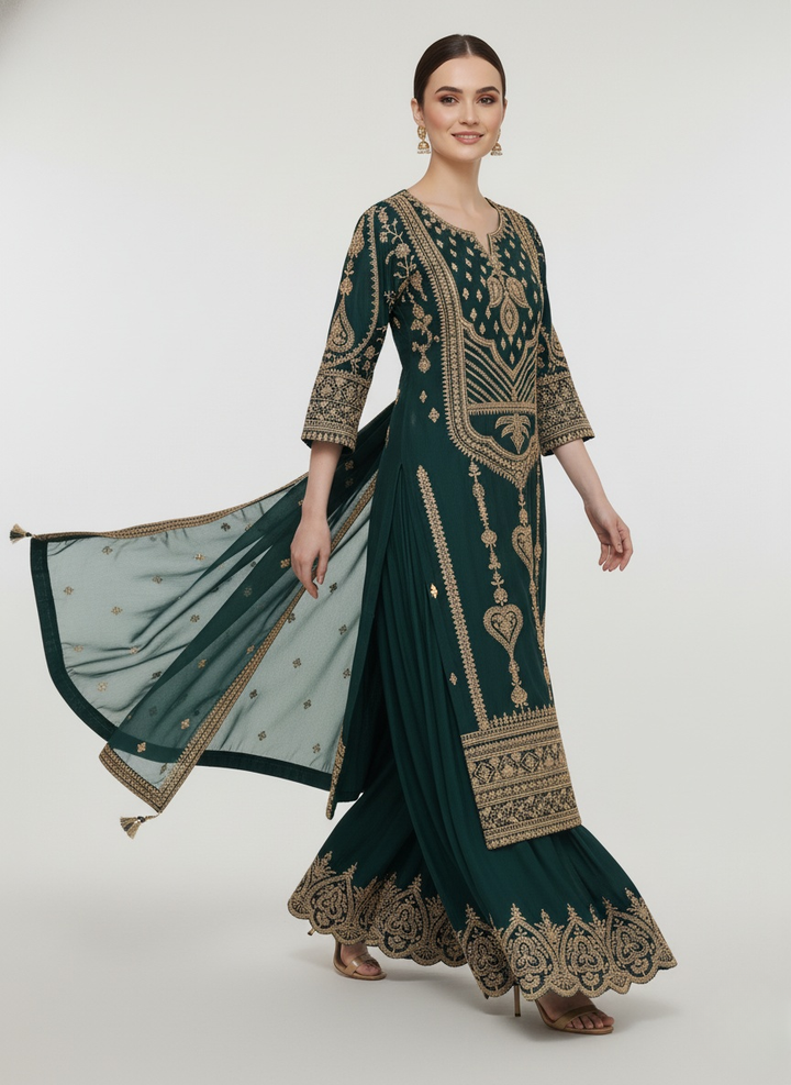 Emerald Green Heavy Embroidered Palazzo Suit with Dupatta
