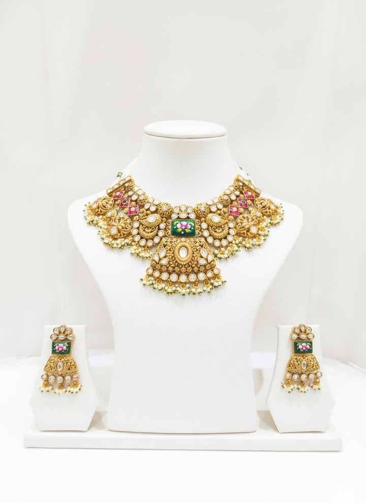 Grand Temple-Inspired Kundan Choker Necklace Set with Ruby & Emerald Stones