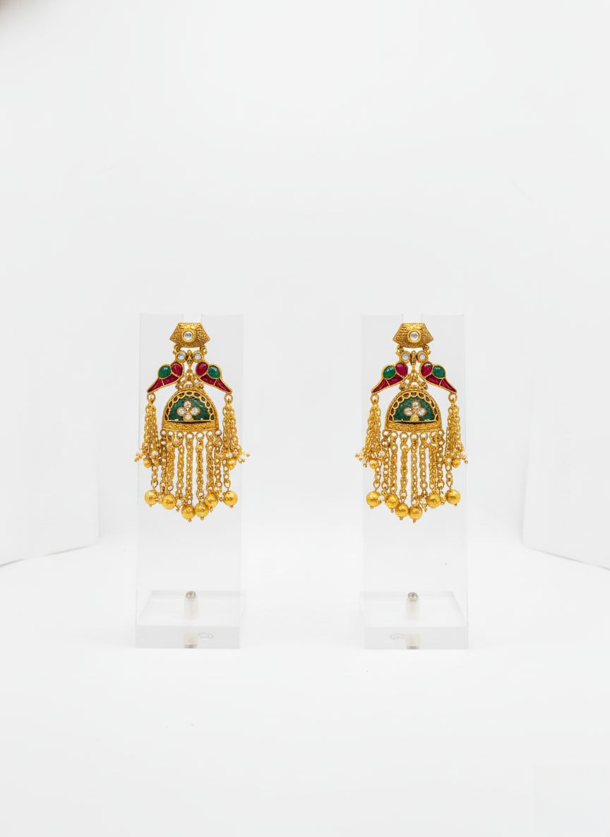 Antique Gold Temple Necklace Set with Ruby & Emerald Stones