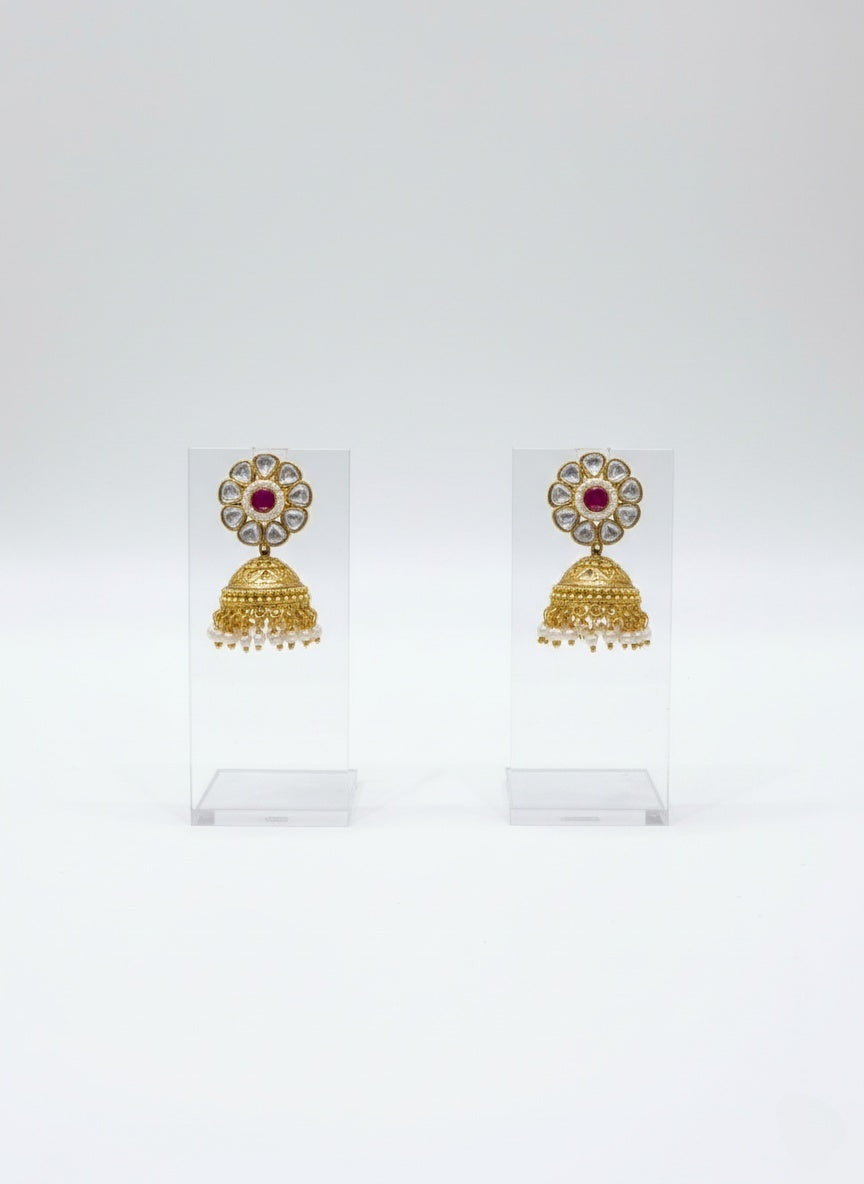 Elegant Kundan Choker Necklace Set with Ruby Stones & Gold Jhumkas