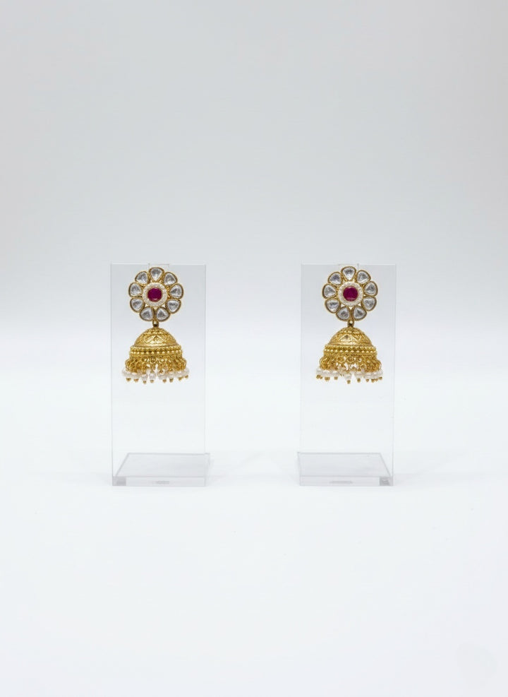 Elegant Kundan Choker Necklace Set with Ruby Stones & Gold Jhumkas