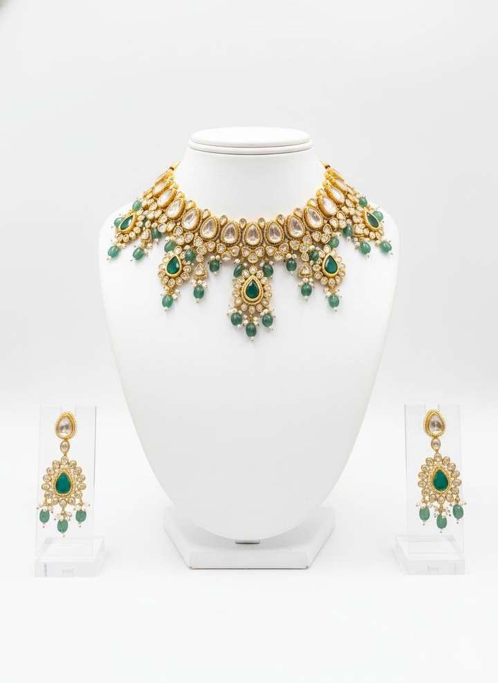 Emerald Green & Gold Kundan Bridal Necklace Set with Pearl Drops