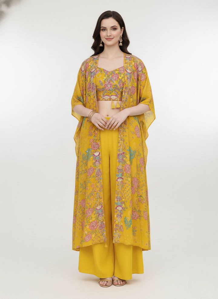 Mustard Floral Printed Crop Top, Palazzo Pants & Long Shrug Set