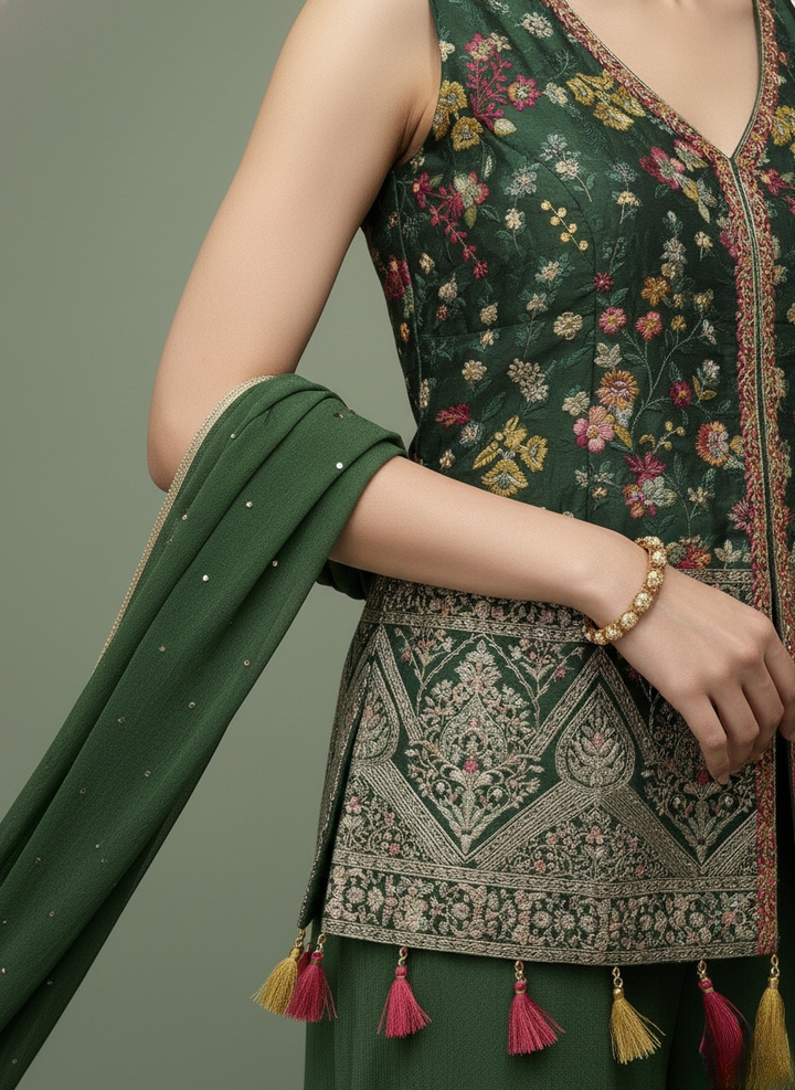 Emerald Green Embroidered Top with Flared Palazzo & Dupatta Set