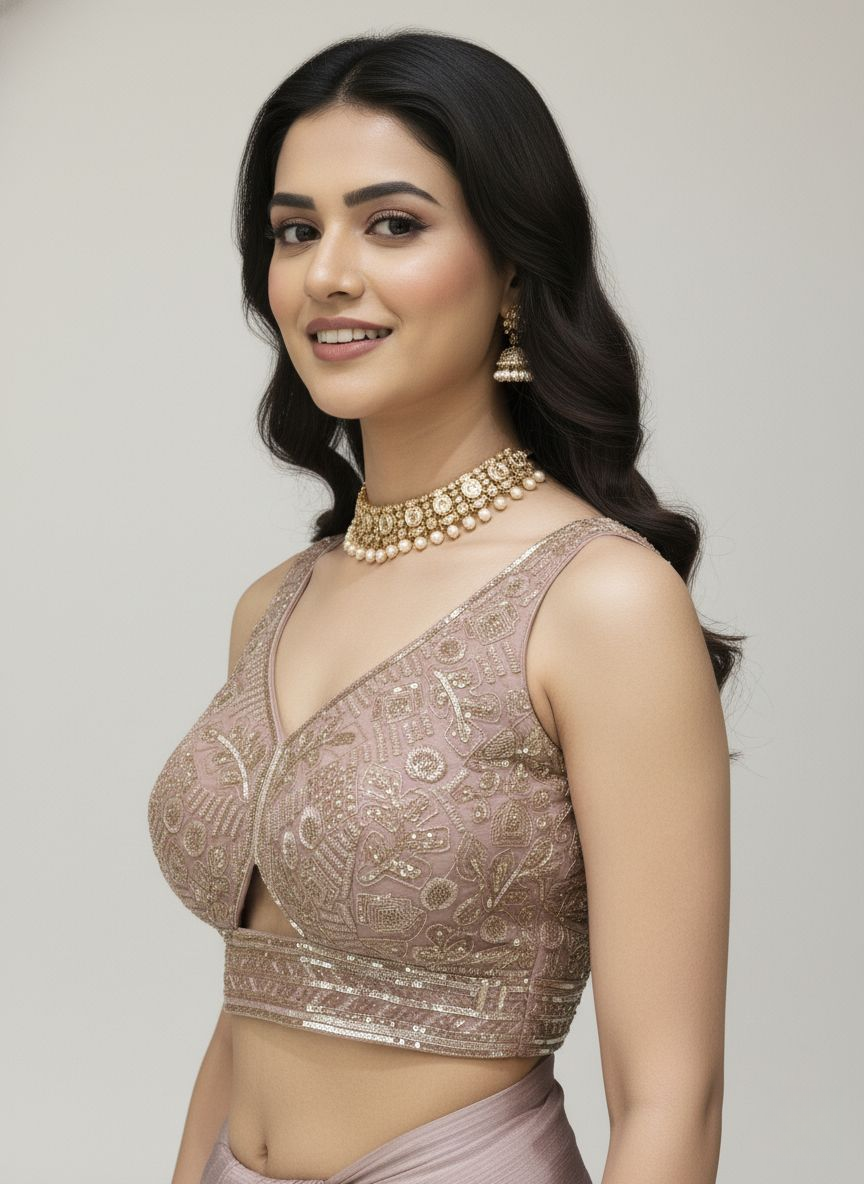 Ready to Wear Dusty Rose Pleated Saree with Embroidered Blouse