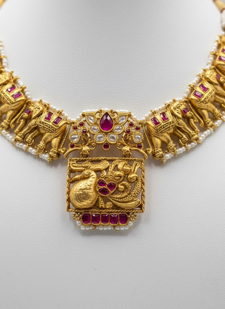 Antique Temple Gold Necklace Set with Lakshmi & Elephant Motifs