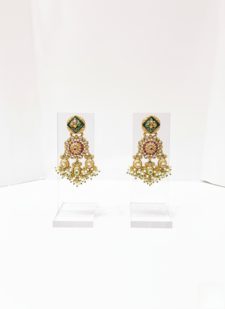 Grand Polki Kundan Bridal Necklace Set with Green & Ruby Detailing