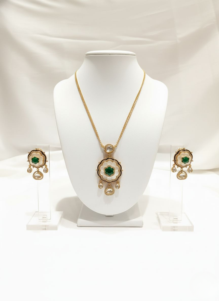 Royal Gold-Plated Kundan & Emerald Green Enamel Necklace Set with Matching Earrings