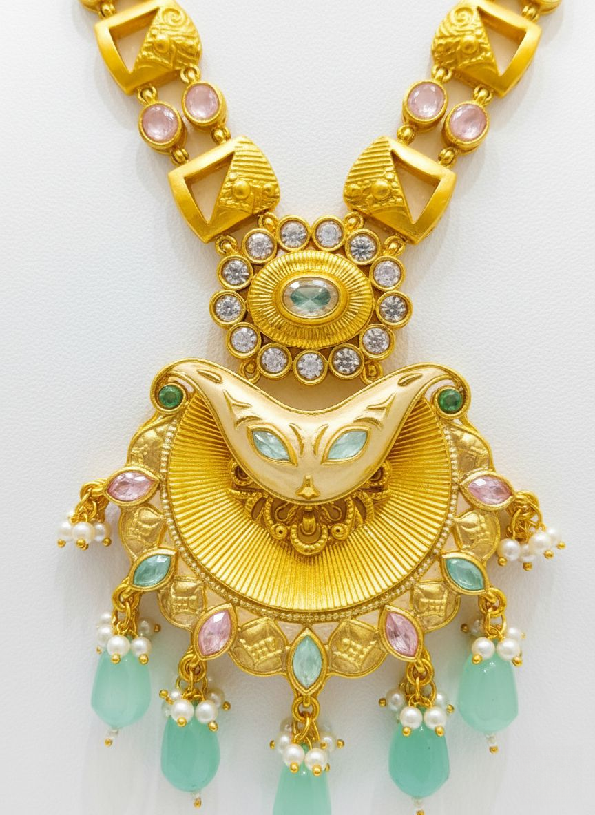 Antique Gold Necklace Set with Mint Green Stones & Kundan Detailing