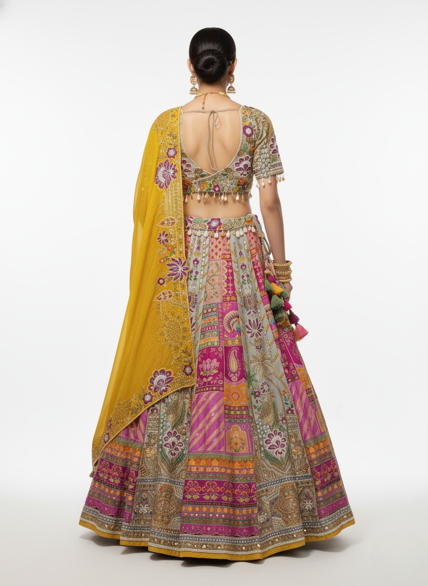 Multicolor Patchwork Embroidered Lehenga Set with Mustard Yellow Dupatta
