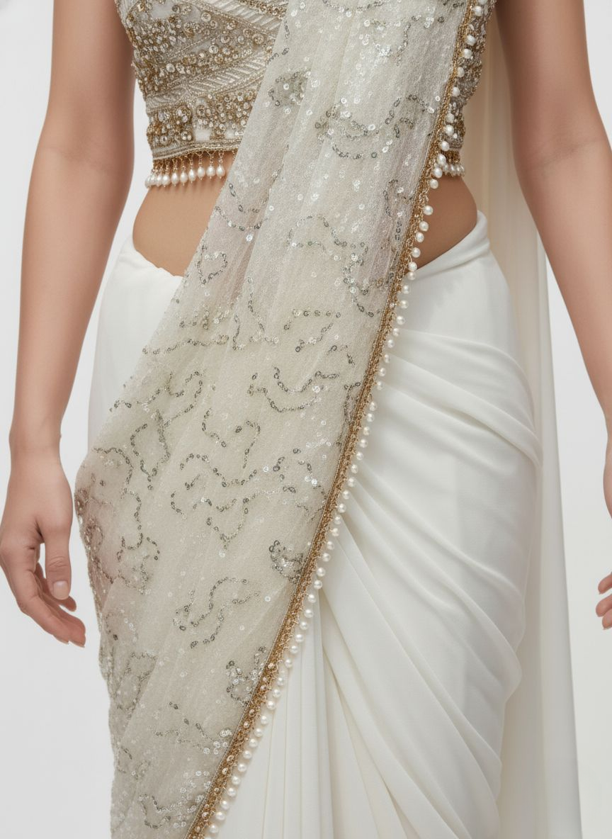 Ivory White Sequin Embellished Designer Ready to Wear Saree with Heavy Handwork Blouse