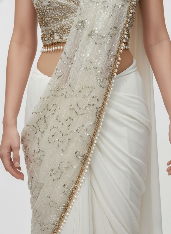 Ivory White Sequin Embellished Designer Ready to Wear Saree with Heavy Handwork Blouse
