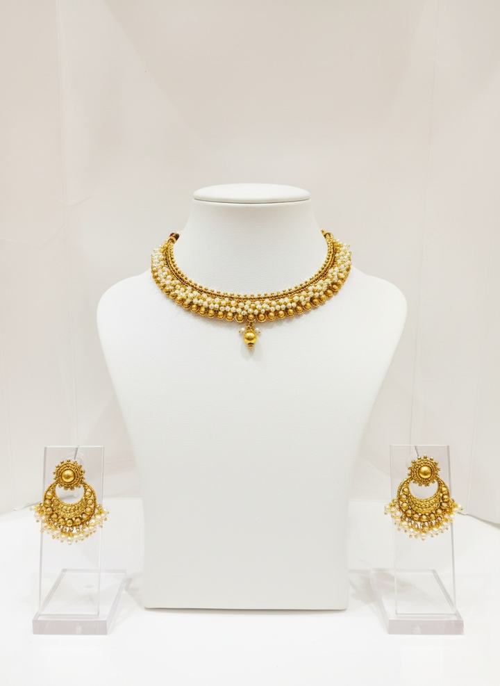 Elegant Antique Gold Pearl Choker Necklace Set with Designer Earrings