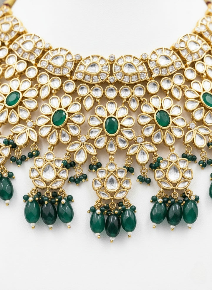 Emerald Green & Gold Heavy Kundan Floral Bridal Necklace Set with Statement Earrings