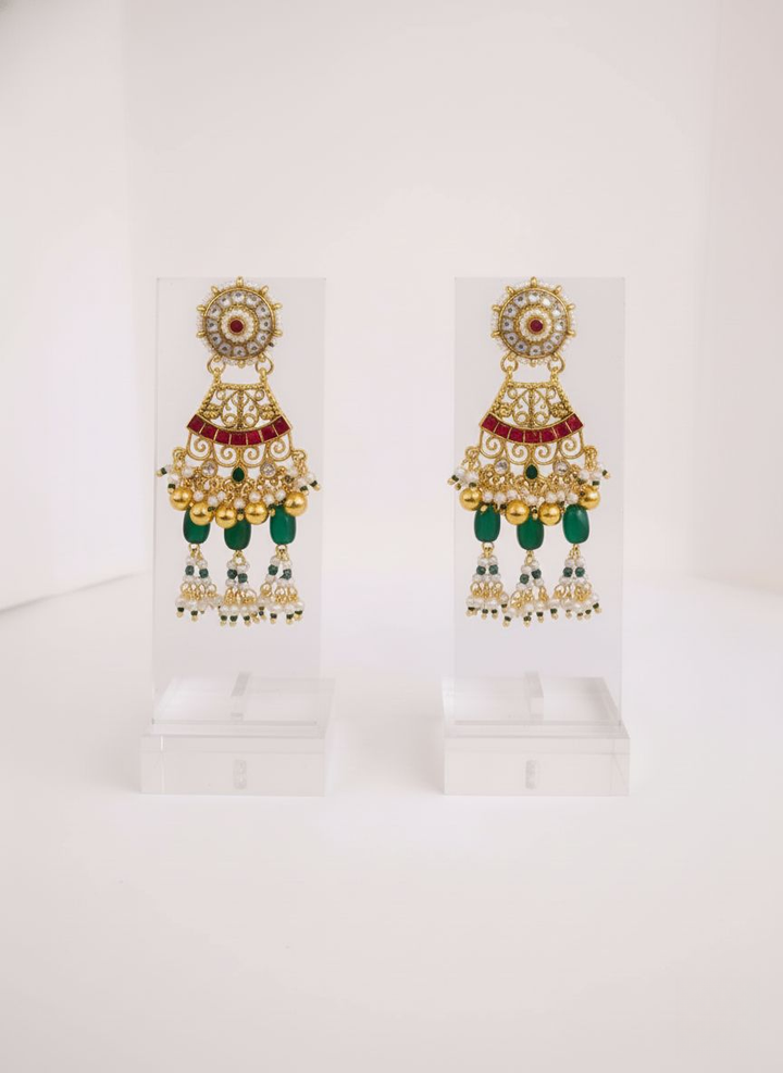 Imperial Emerald & Pearl Layered Necklace Set with Kundan Temple Pendant