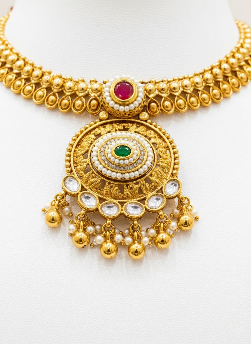 Antique Gold Temple Choker Necklace Set with Kundan & Ruby Drops