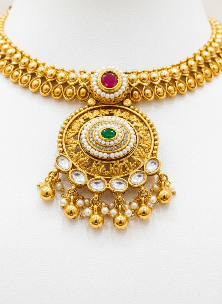 Antique Gold Temple Choker Necklace Set with Kundan & Ruby Drops