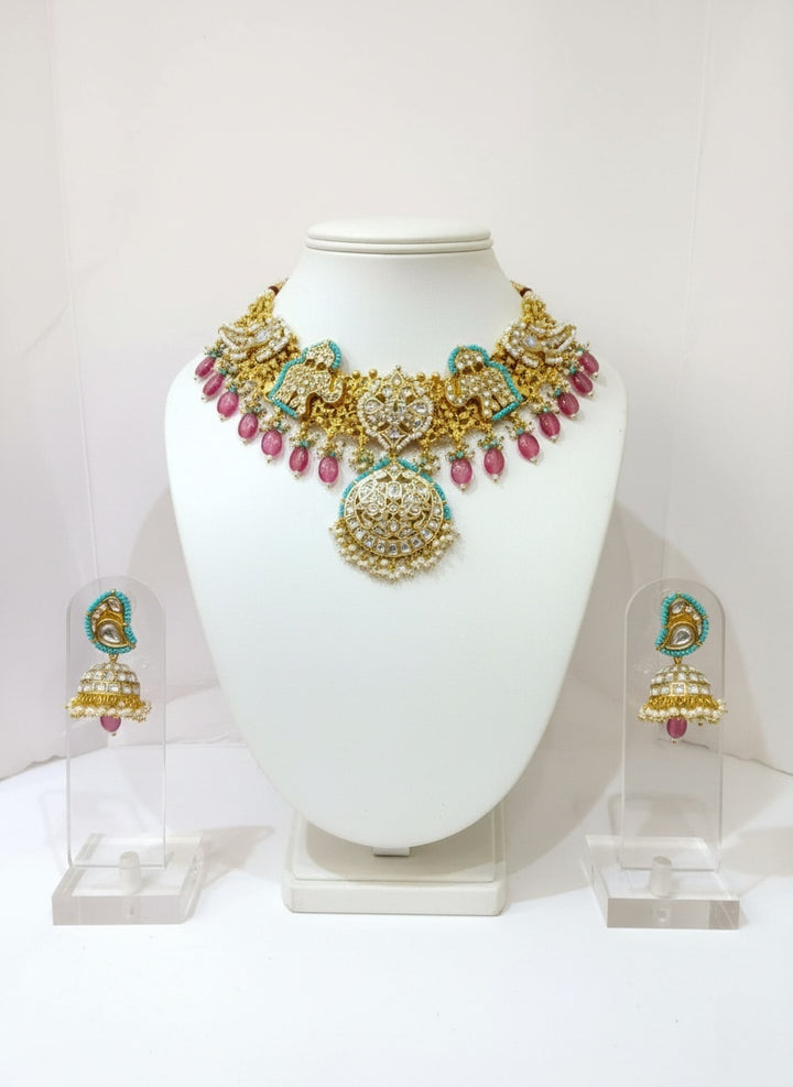Royal Peacock Temple Necklace Set with Kundan Work & Pink Bead Drops