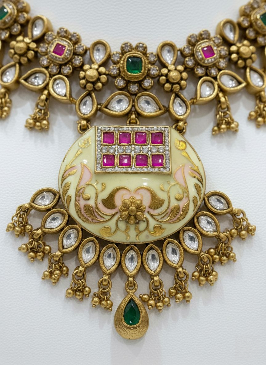 Antique Gold Kundan Choker Necklace Set with Ruby & Emerald Detailing