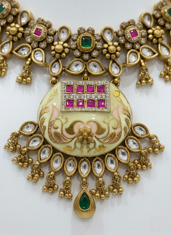 Antique Gold Kundan Choker Necklace Set with Ruby & Emerald Detailing