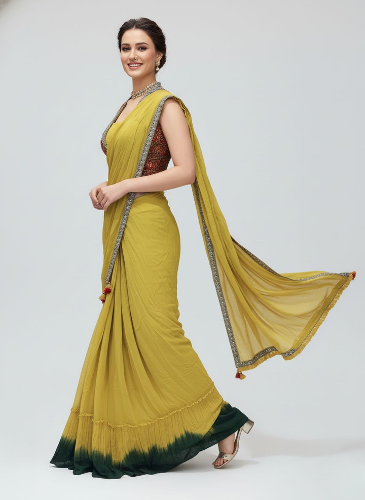 Mustard Yellow Ombre Georgette Saree with Embellished Border & Designer Blouse