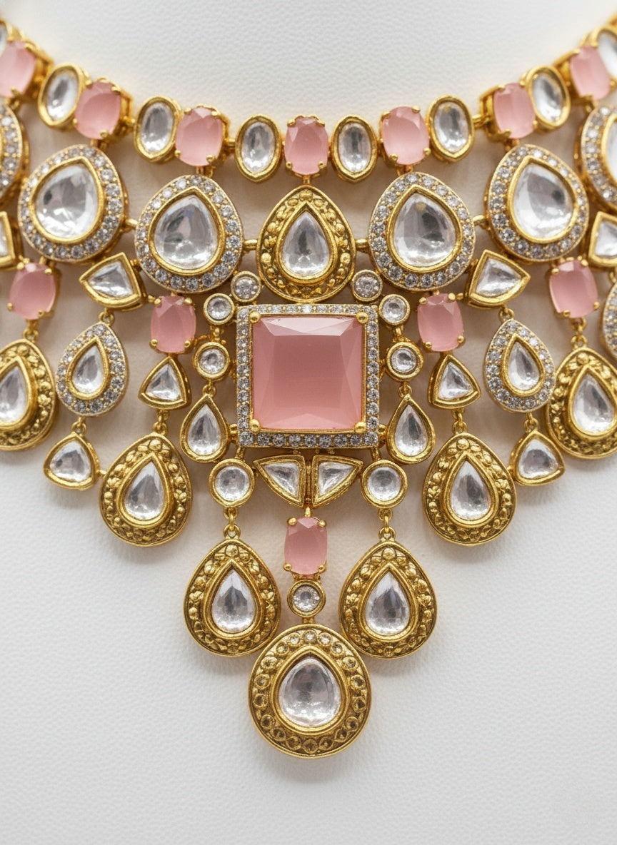 Blush Pink & Gold Kundan Bridal Necklace Set with Statement Earrings