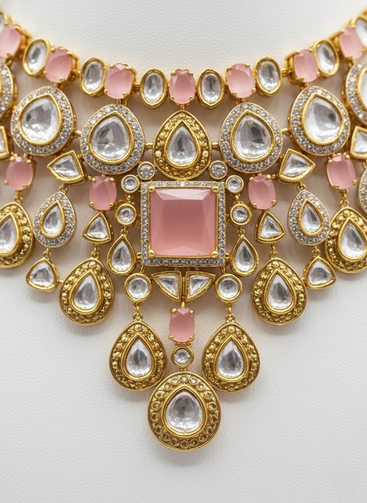 Blush Pink & Gold Kundan Bridal Necklace Set with Statement Earrings
