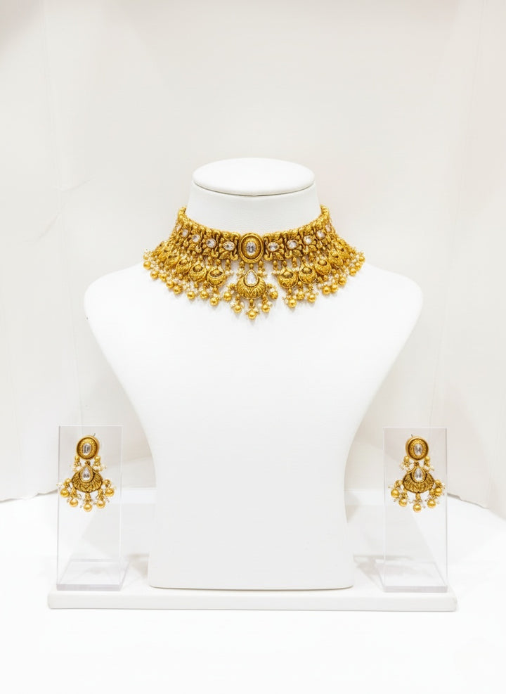 Royal Kundan Choker Necklace Set with Pearls & Antique Gold Finish