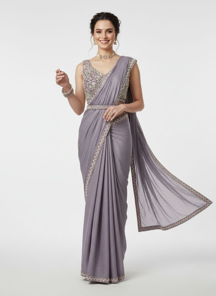 Lavender Embroidered Ready-to-Wear Saree with Designer Sleeveless Blouse