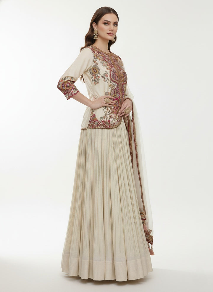 Ivory Embroidered Top with Pleated Lehenga & Dupatta Set