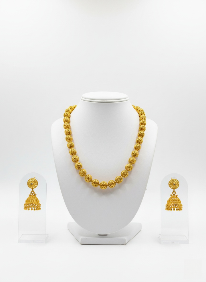 Traditional Matte Gold Beaded Necklace Set with Jhumka Earrings