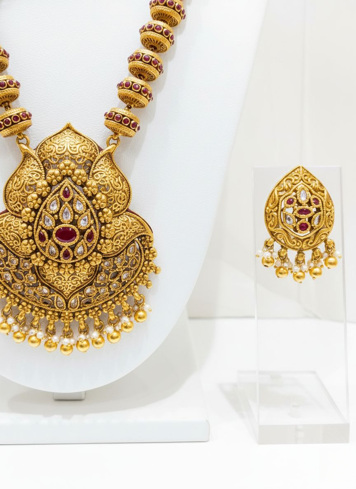Antique Gold Temple Necklace Set with Ruby & Kundan Stones