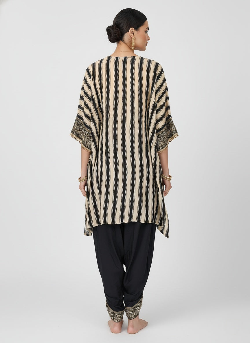 Black & Ivory Striped Embellished Kaftan Kurta with Dhoti Pants