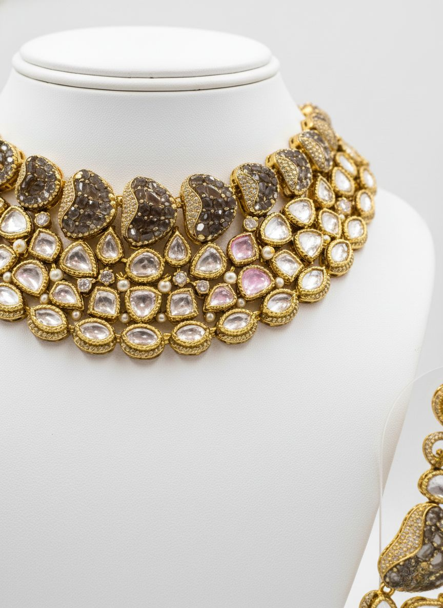 Grand Gold Polki Choker Necklace Set with Antique Finish & Statement Earrings