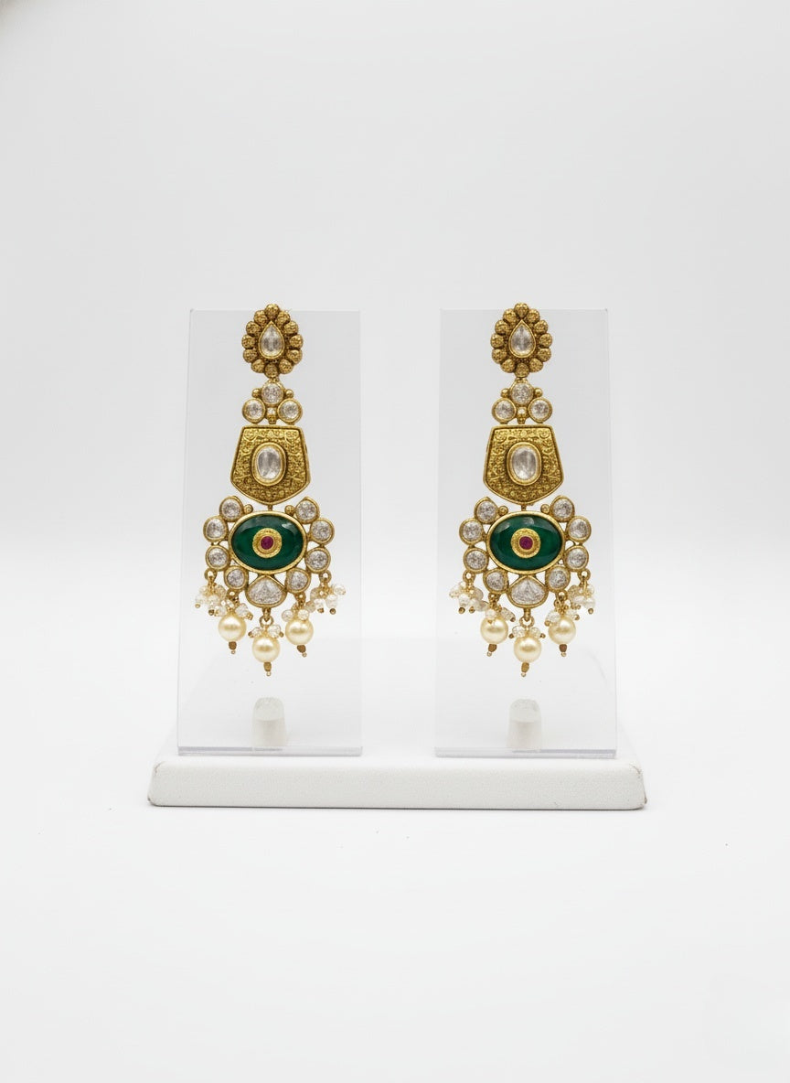 Gold & Green Heavy Bridal Kundan Choker Necklace Set with Pearls & Red Droplets