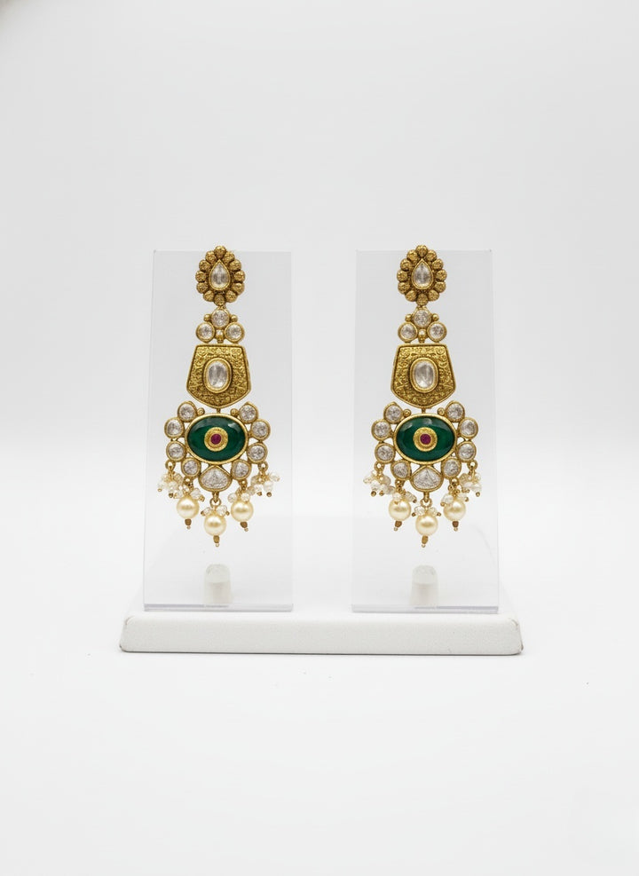 Gold & Green Heavy Bridal Kundan Choker Necklace Set with Pearls & Red Droplets