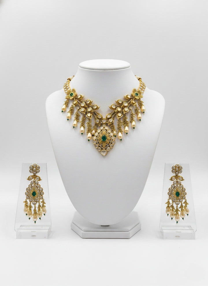 Gold & Emerald Kundan Bridal Necklace Set with Pearl Drop Earrings