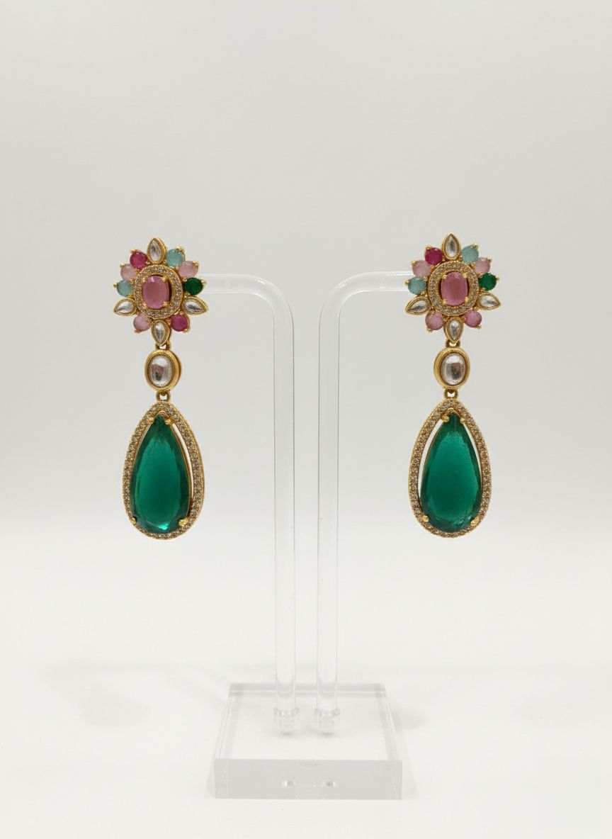Emerald Green and Multicolor Kundan Necklace Set with Pear Drop Pendant