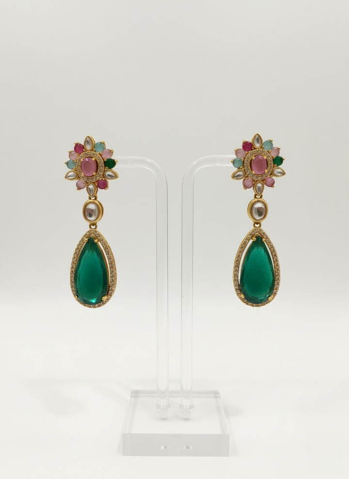 Emerald Green and Multicolor Kundan Necklace Set with Pear Drop Pendant