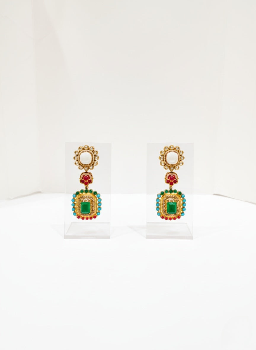 Emerald Green Kundan and Meenakari Long Necklace Set with Multicolor Detailing