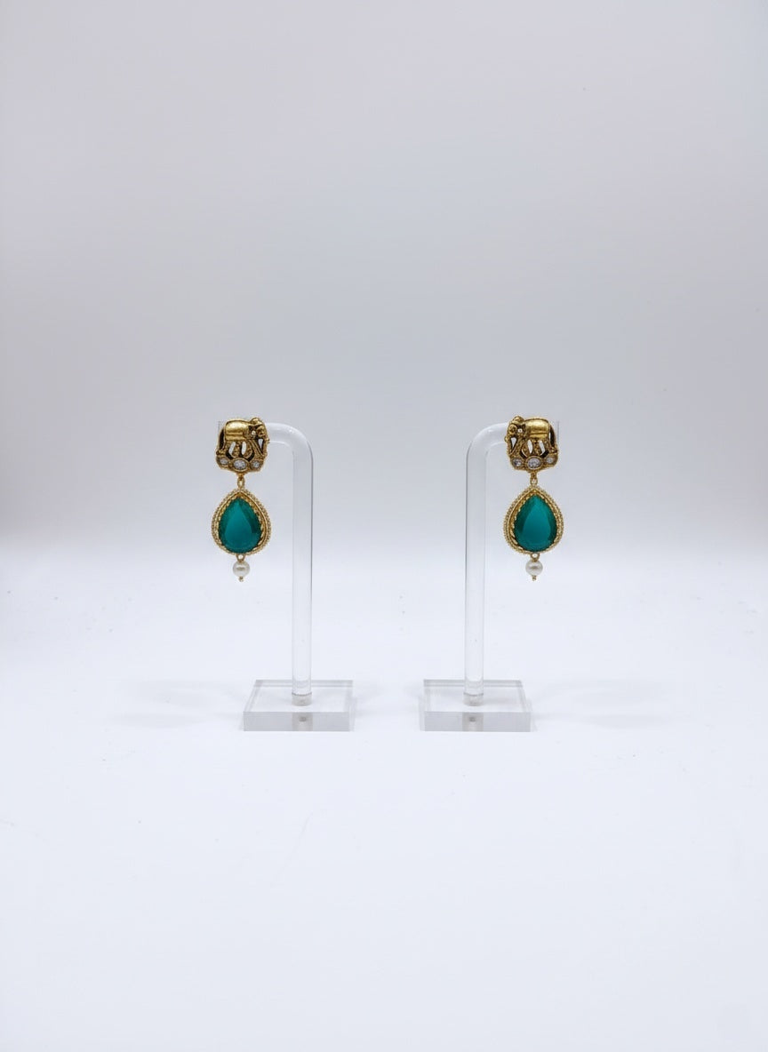 Gold Temple Haram with Green Stone Pendant & Earrings