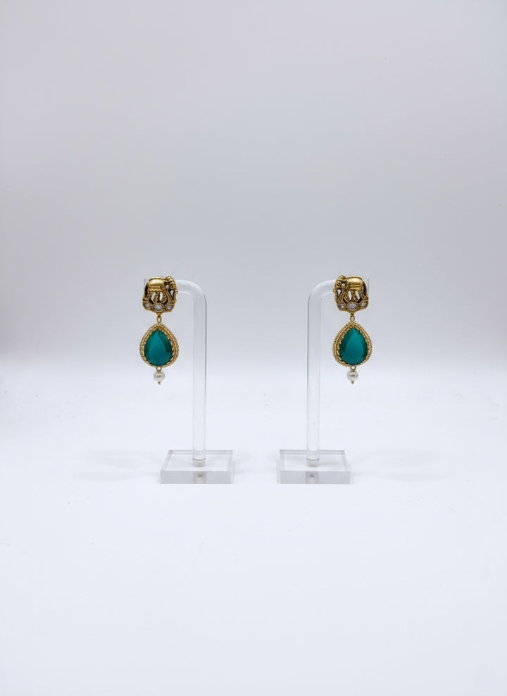 Gold Temple Haram with Green Stone Pendant & Earrings