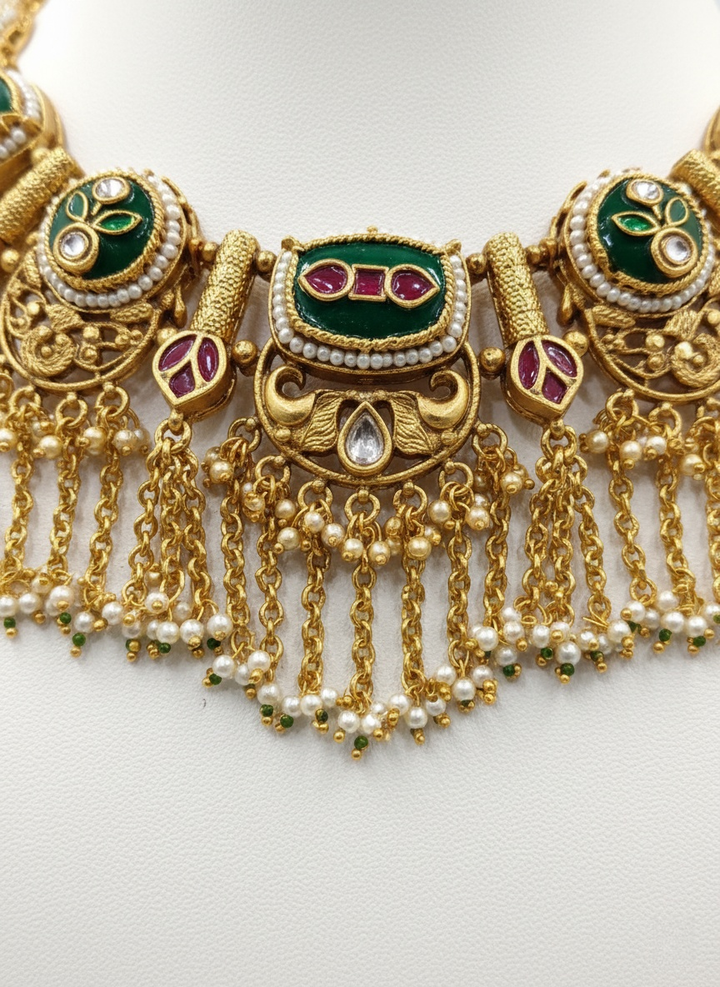 Royal Antique Gold Kundan Choker Set with Emerald & Ruby Stones