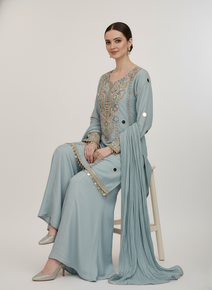 Powder Blue Embroidered Palazzo Suit with Dupatta