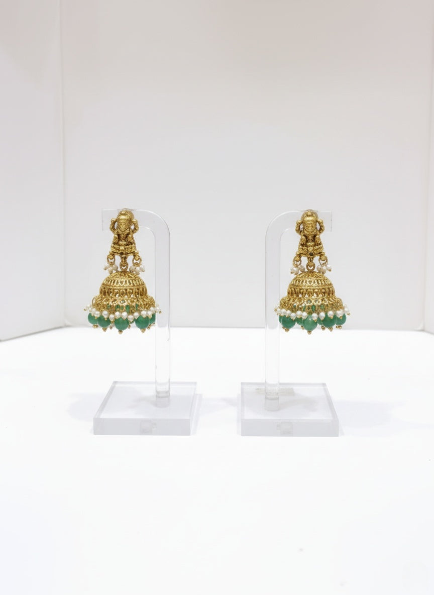 Antique Temple Jewelry Set with Green Beads and Lakshmi Pendant
